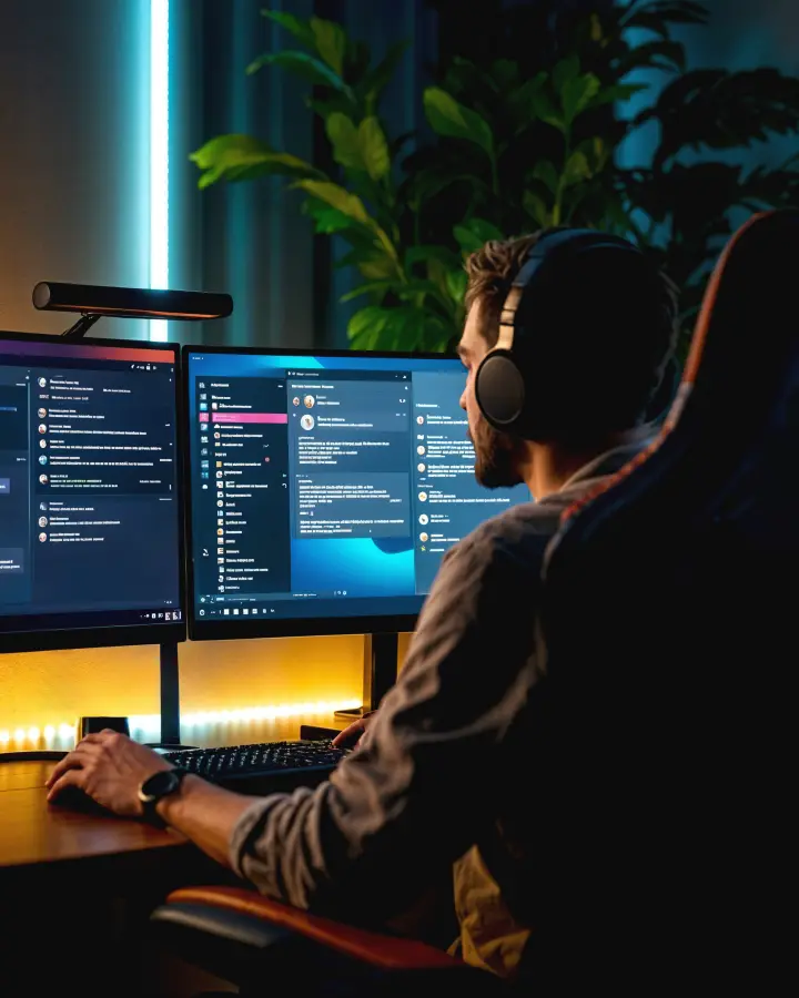 A web developer building a website at a dual-monitor workstation