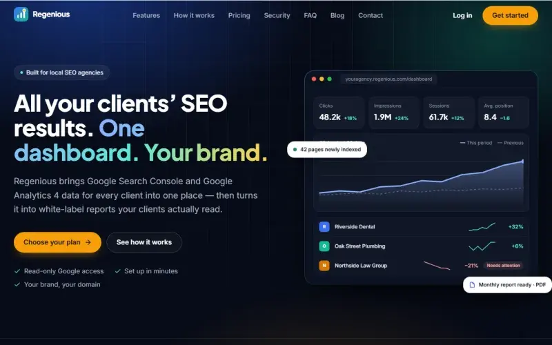 Regenious: Our multi-tenant SaaS for SEO agencies: GA4 and Search Console data per client, branded reports and online billing