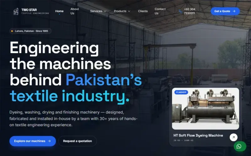 Two Star Textile Engineering: A catalogue website for a machinery maker: 28 machines with specs, PDF brochures and quote forms, all managed from an admin